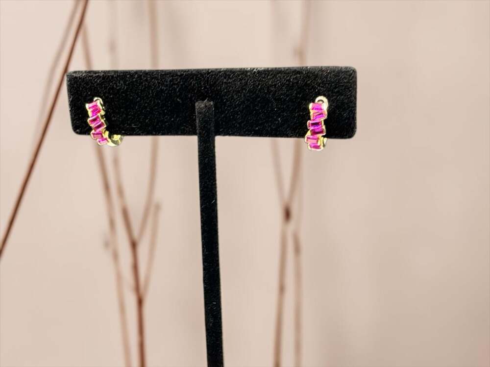 NEW!Gold Over 925 Sterling Silver Baguette Ruby Huggie Hoop Earrings